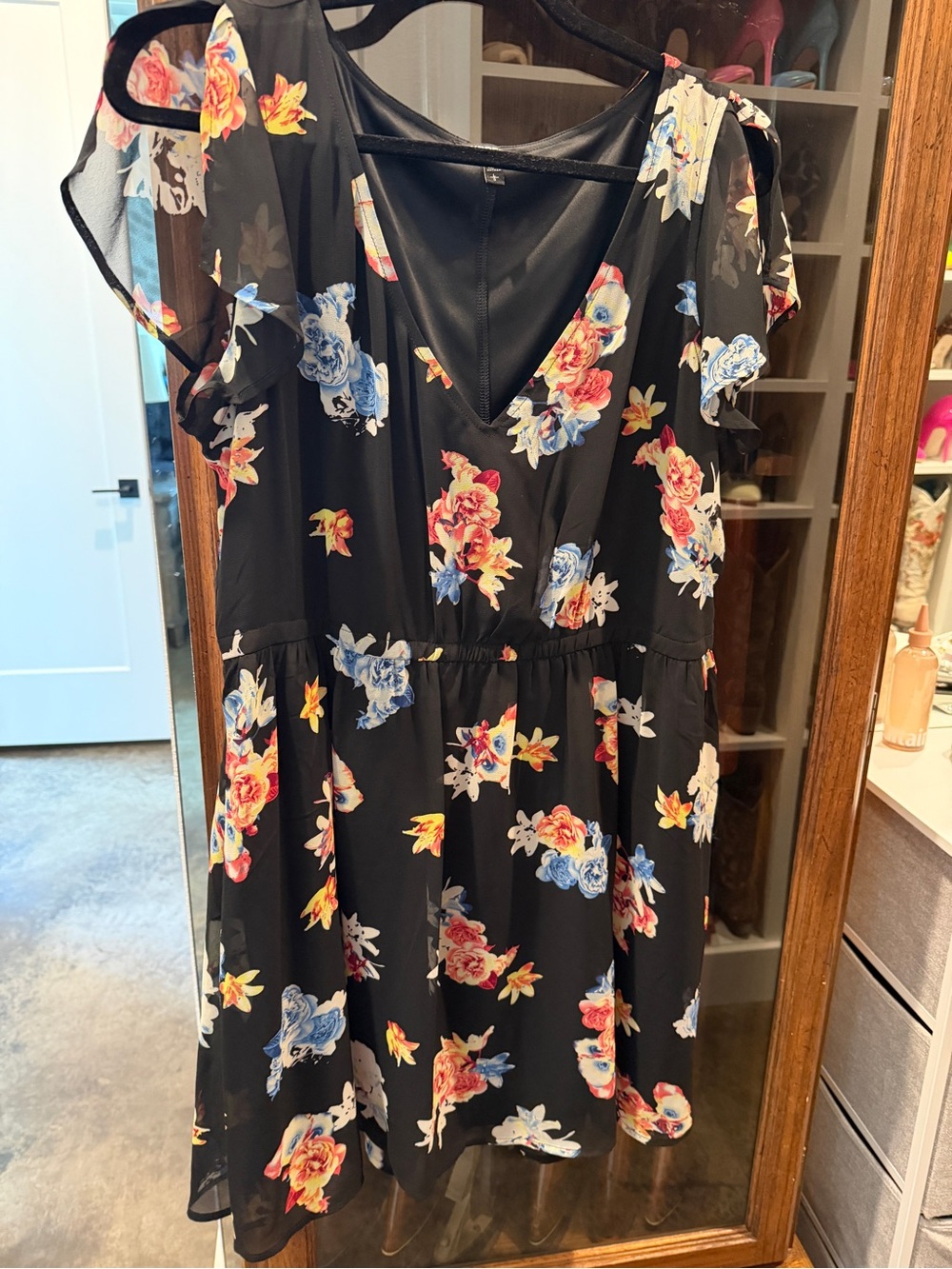 Floral V-Neck Black Mini Dress with Multicolor Blooms